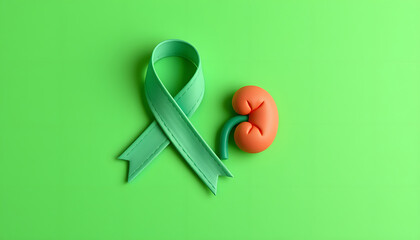 World bipolar day. Green ribbon on green background. Mental health awareness day, Depression, Cerebral palsy. World kidney day isolated with white highlights, png