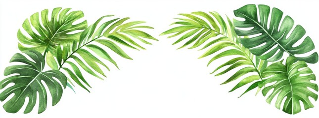 Floral tropic illustration featuring green tropical leaves on a white background, complemented with a watercolor hand-painted seamless border. A pattern of jungle foliage.