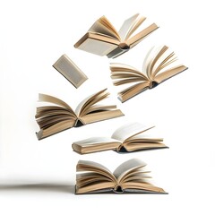 Set of floating books open on white background