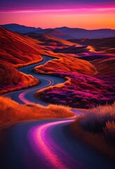 Naklejka premium vibrant sunset over winding road stretching through empty landscape deep hues purple blending sky, colors, scenery, horizon, nature, twilight, vista, travel