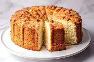 A sliced cake on a white plate, showcasing its fluffy texture and golden-brown crust.