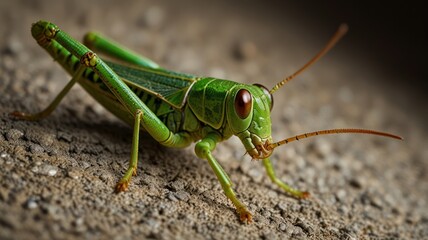 Fototapeta premium Close-up of a vibrant green grasshopper on textured surface.