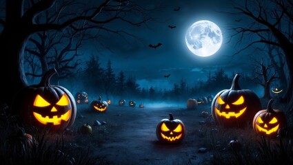 Fototapeta premium Spooky halloween forest with glowing evil pumpkins