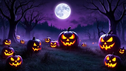 Fototapeta premium Spooky halloween landscape with glowing purple pumpkins