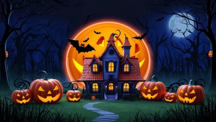 Fototapeta premium Spooky halloween night with pumpkins and witch house