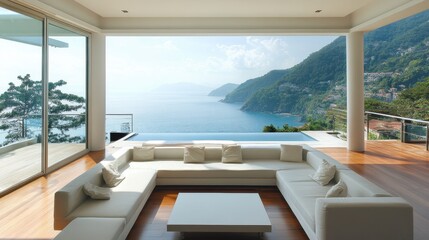 Fototapeta premium Modern Coastal Living Room With Ocean View
