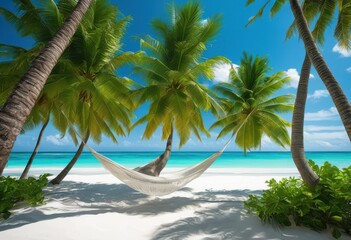 Fototapeta premium serene hammock swaying under lush tropical palm trees bright green leaves gentle ocean breeze, tropics, relaxation, nature, sunlight, shade, silhouette, sunset