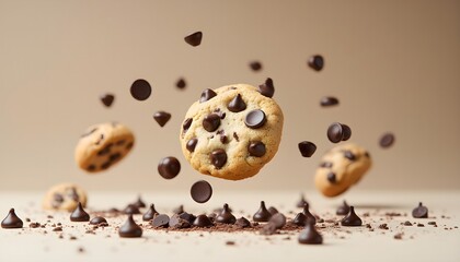 Delicious chocolate chip cookies floating above scattered chocolate chips on a neutral background