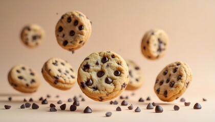 Delicious chocolate chip cookies floating above scattered chocolate chips on a neutral background