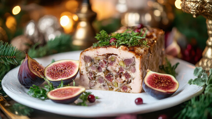 Elegant holiday feast with festive foie gras terrine garnished with fresh figs and herbs