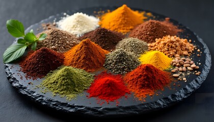 Colorful array of spices displayed on a dark stone plate arranged artistically in a kitchen setting