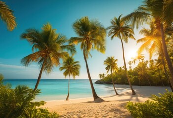 vibrant tropical landscape featuring lush palm trees limelight beach serene vibrant ocean clear blue sky, scenery, horizon, turquoise, water, island, coast