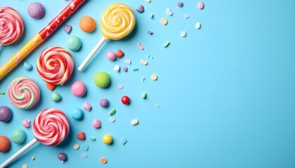 Colorful candies and lollipops arranged beautifully on a blue background for a sweet celebration