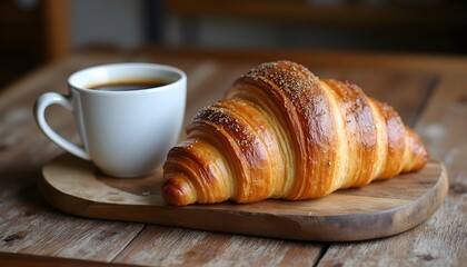 Freshly baked croissant with a cup of coffee on a rustic table