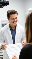 Fototapeta premium Smiling optometrist demonstrating vision chart in eye clinic for patient consultation