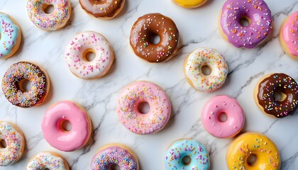 Colorful assortment of donuts on a marble surface with sprinkles and frosting
