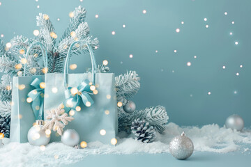 Light blue Christmas sale bags with decorations on a snowy background