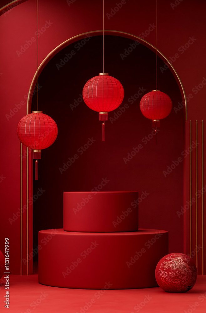 Aufkleber Bright red decorative display with lanterns and geometric shapes in a modern setting