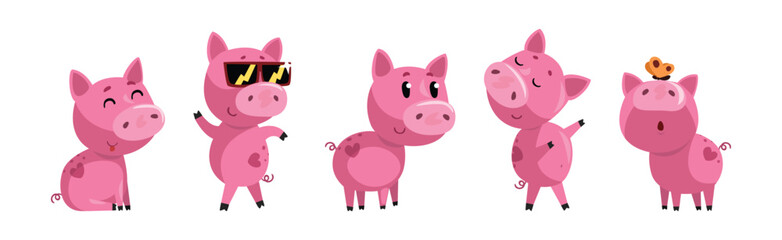 Funny Pink Pig Character Enjoy Different Activity Vector Set