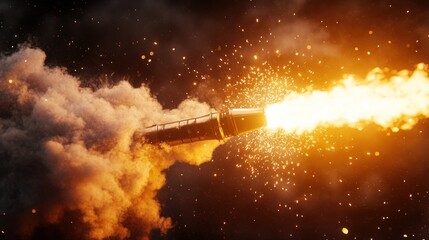 Missile launch at night with fiery trail and smoke.