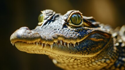 Obraz premium Close-up of a baby crocodile's face, showcasing its textured skin, sharp teeth, and bright eyes.