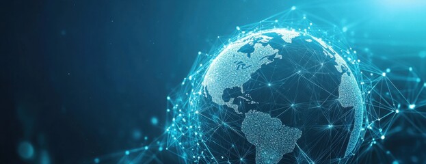 Fototapeta premium A blue background with the globe illuminated by glowing connections, symbolizing global connectivity and technology's impact on world events Generative AI