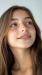 Obraz premium Youthful expression of joyful model with freckles and braces in studio close-up shot