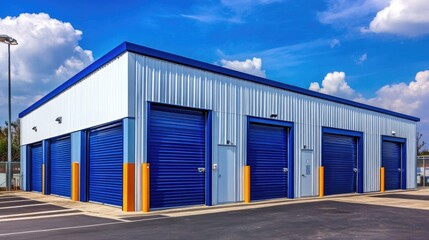 Fototapeta premium Mini colorful metal self storage facilities rental units, warehouse exterior, industry garage building