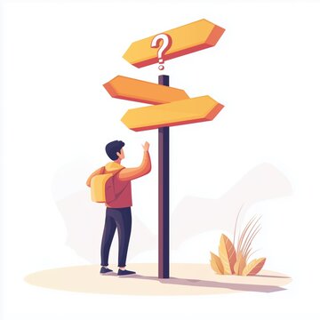 Confused Man Or Student At Crossroad: Making Decisions For Business Success, Career Path, And Work Direction. Choosing The Right Way.