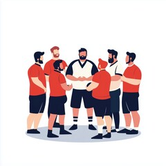 Obraz premium Illustration Of Rugby Players And Their Coach Gathering Before A Match On A White Background In A Flat Style.