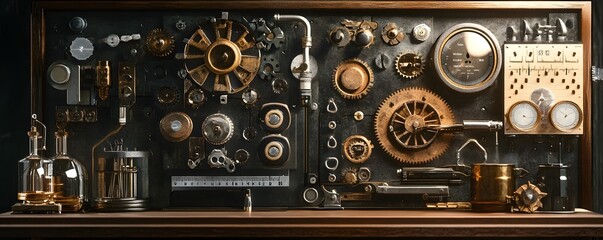 Explore the intricate details of a vintage mechanical setup featuring gears, dials, and instruments that embody the fusion of classic design and functional engineering.