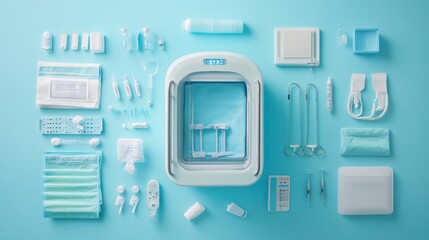 Flat lay of medical equipment and supplies on a blue background, including a sterilization unit.