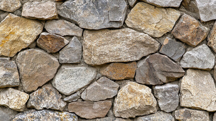 Natural stone wall with various textures and colors, showcasing rustic appearance. stones are irregularly shaped, creating unique and earthy aesthetic