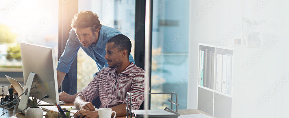 Poster Learning, team and business men on computer with mentor for help, creative feedback or startup. Planning, manager and training intern for cooperation, copywriting or problem solving on banner space