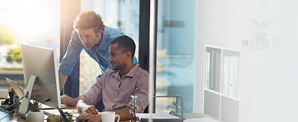 Learning, team and business men on computer with mentor for help, creative feedback or startup....