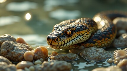 Fototapeta premium Snake emerging from water onto rocks in natural habitat