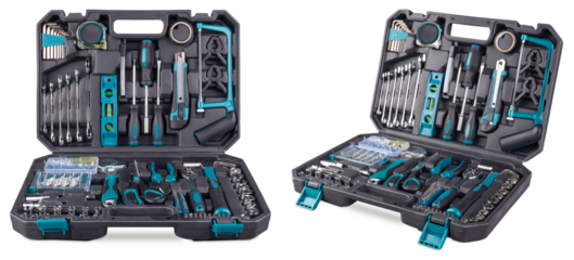 open black case box filled with turquoise blue green diy hand tools isolated  white background.  toolbox construction kit