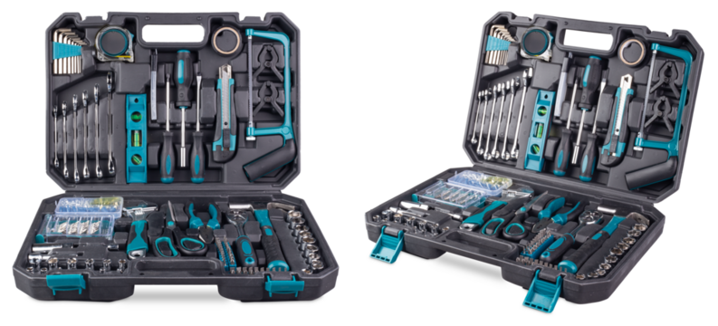 open black case box filled with turquoise blue green diy hand tools isolated  white background.  toolbox construction kit