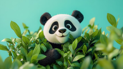 Fototapeta premium Adorable cartoon panda in lush greenery for humorous greeting card design