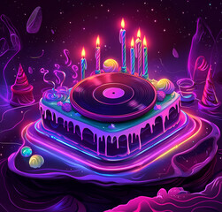 Fototapeta premium Colorful cake with a vinyl record and candles set in a cosmic background