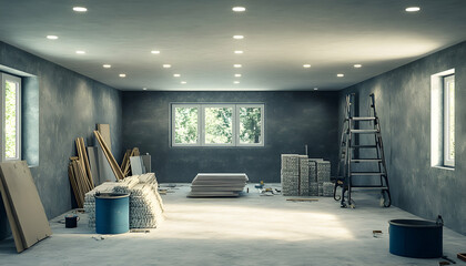Empty room under construction, showing building materials, ladder, and recessed lighting. Ideal for home renovation, construction, or DIY projects.