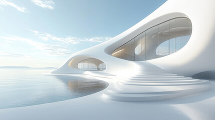 Naklejka premium Stunning modern architecture with curves alongside serene water at sunset