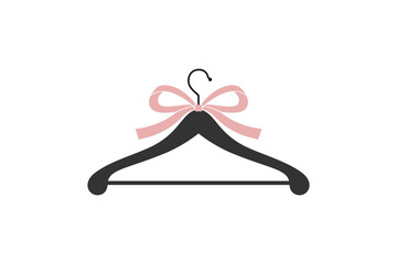 Wooden stylish clothes hanger in exquisite retro style with crossbar for trousers and pink tied bow. Vector cute logo in black on white isolated background for children's and women's clothing store.