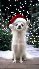 Adorable fluffy little white dog in a Santa Claus hat