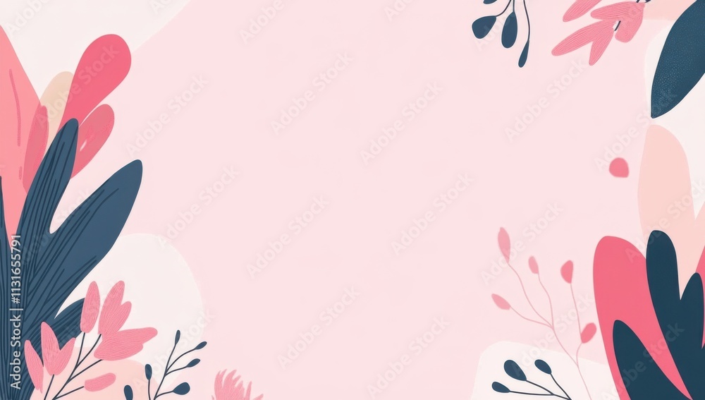 Aufkleber abstract pink background with hand-drawn leaves and plants vector presentation template design, flat