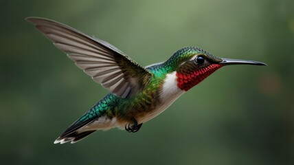 Vibrant hummingbird in flight, iridescent green feathers, red throat.