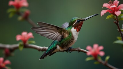 Vibrant hummingbird hovering near pink blossoms.