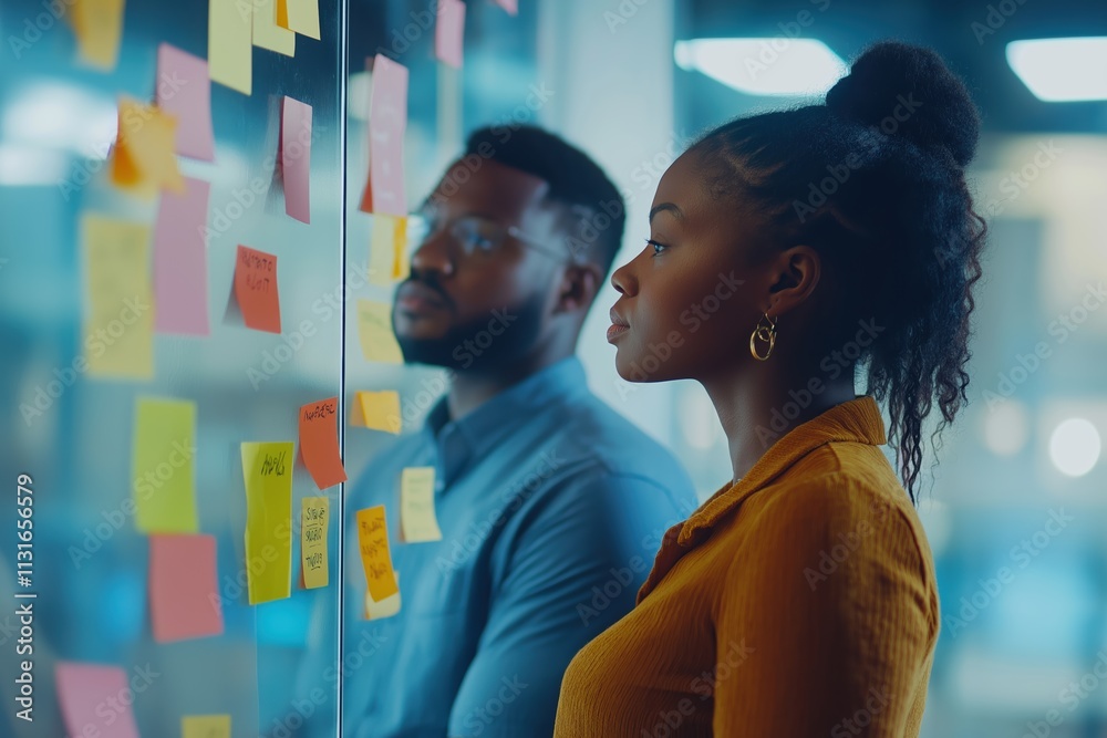 Poster Two individuals focused on goal setting and planning, analyzing colorful sticky notes on a glass board in a modern workspace, representing self-improvement and collaborative strategy.