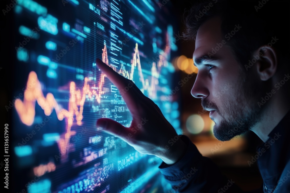 Poster A determined individual is focused on analyzing intricate datasets on a digital interface, embodying ambition, strategic planning, and a commitment to selfimprovement and personal growth