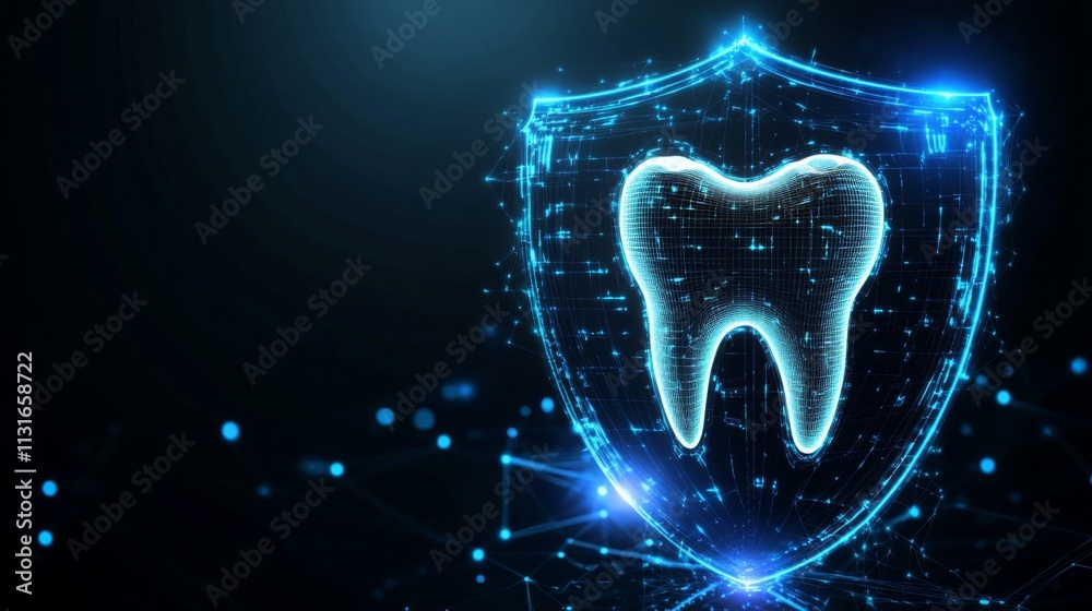 Poster A high-tech shield graphic showcases a tooth symbol, emphasizing the integration of artificial intelligence in enhancing dental protection and care.